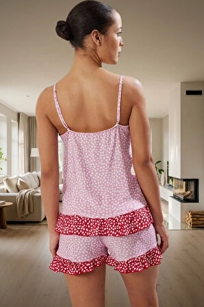 İnce Askılı Fırfırlı Puantiyeli Viskon Pijama Takımı; Yazlık Rahat Şık Homewear Mükemmel Uyum
