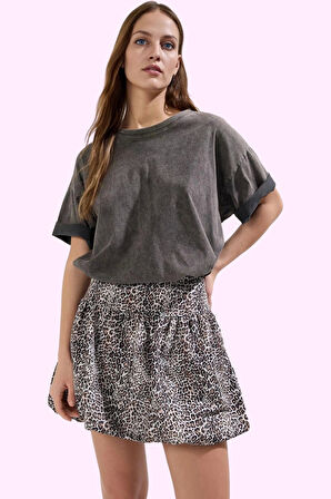 Kadın Terrycotton Kumaş Mini Etek Leopar Desen Balon Stil Günlük Yaz Aylarının Vazgeçilmezi