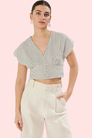 Kadın Çizgili Keten Görünümlü V Yaka Crop Gömlek Dokuma Kumaş Günlük Kombin Modern Tasarım