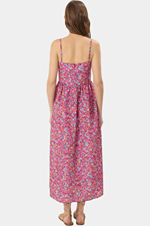 Kolsuz A Kesim Midi Elbise Çiçekli Desenli Pamuklu Yazlık Konforlu Uzun Ömürlü