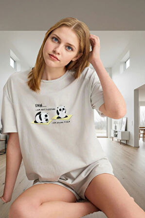 Rahat ve Şık Panda Baskılı 2'li Pijama Takımı Kısa Kollu Premium Kalite Dayanıklı Malzeme