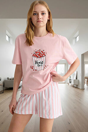 Rahat ve Şık Kadın Pijama Takımı Pamuklu Çizgili 2'li Set Yaz İçin İdeal Dayanıklı Malzeme