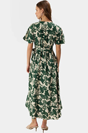 Viskoz Kumaşlı Kruvaze Midi Elbise Şal Desenli Kuşaklı ve Rahat Yüksek Kalite Kaliteli İşçilik