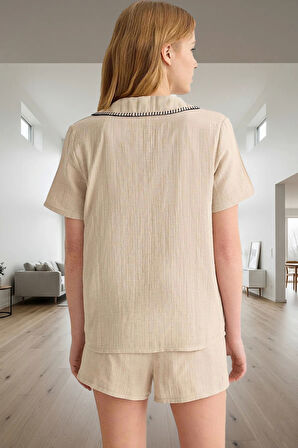 Yazlık Pijama Takımı %100 Pamuk Müslin Karyoka Dikiş Detayı Günlük Kullanım İçin