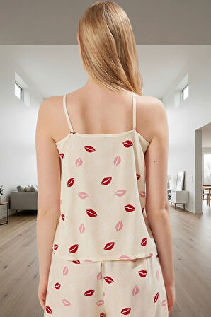 Şık Dudak Desenli İnce Askılı Viskoz Pijama Takımı Yaz İçin Mükemmel Zarifane Tasarım Uzun Ömürlü