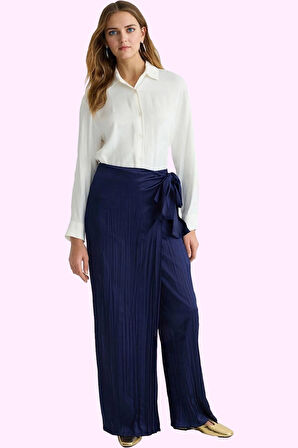 Kadın Yüksek Bel Pantolon Geniş Paça Saten Dokuma Tüm Sezonlar Günlük Kullanım Özel Günler