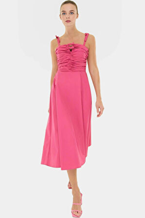 Cool&Comfort Polyester Maxi Elbise A Kesim Kalp Yaka Dokuma Kumaş Mükemmel Uyum