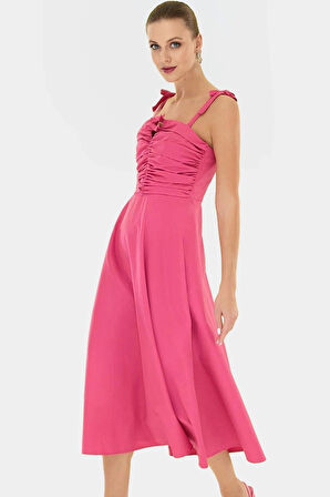 Cool&Comfort Polyester Maxi Elbise A Kesim Kalp Yaka Dokuma Kumaş Mükemmel Uyum