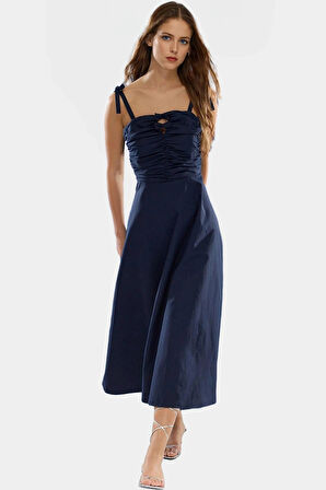 Cool&Comfort Polyester Maxi Elbise A Kesim Kalp Yaka Dokuma Kumaş Mükemmel Uyum