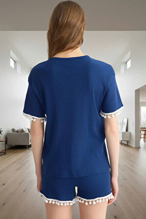 Örme Pijama Takımı Şeritli Şort ve Tişört Ponpon Detaylı Yazlık Uzun Ömürlü