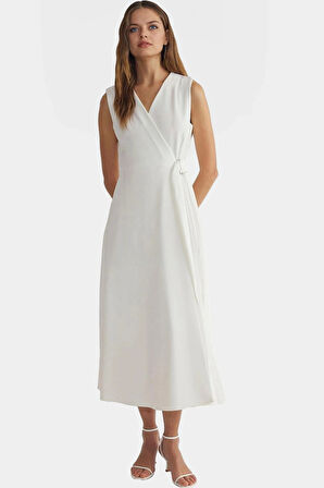 Polyester Midi Elbise A line Kesim Kolsuz Bel Detayı Finike Dokuma Dayanıklı Malzeme