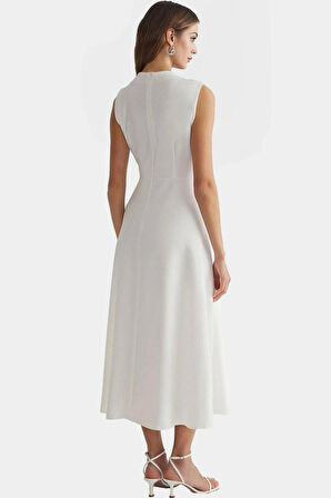 Polyester Midi Elbise A line Kesim Kolsuz Bel Detayı Finike Dokuma Dayanıklı Malzeme