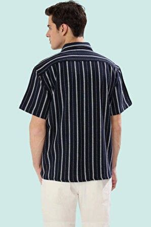 Erkek Basic Oversize Fit Kısa Kollu Gömlek Çizgili Desen Yazlık Yaz Aylarının Vazgeçilmezi