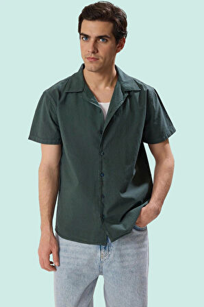 Erkek Yazlık Gömlek Pamuk Keten Görünümlü Apaş Yaka Kısa Kol Regular Kalıp Rahat Günlük Kullanım