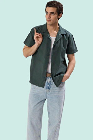 Erkek Yazlık Gömlek Pamuk Keten Görünümlü Apaş Yaka Kısa Kol Regular Kalıp Rahat Günlük Kullanım