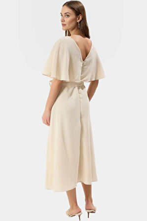 Rahat ve Şık Midi Elbise Astarlı Pelerin Detay Keten Görünümlü Kumaş Mükemmel Uyum