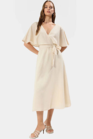 Rahat ve Şık Midi Elbise Astarlı Pelerin Detay Keten Görünümlü Kumaş Mükemmel Uyum