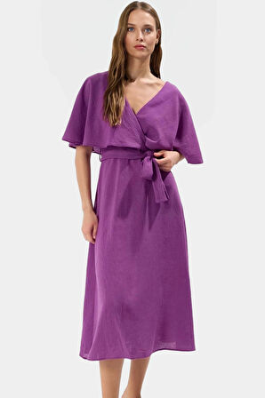 Rahat ve Şık Midi Elbise Astarlı Pelerin Detay Keten Görünümlü Kumaş Mükemmel Uyum