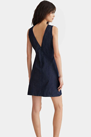 V Yaka Denim Mini Elbise Bodycon Kalıp Yazlık Rigid Dokuma %Pamuk Trend Tasarım