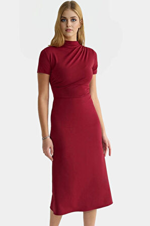 Nefes Alan Polyester Karışımlı Midi Elbise A line Kesim Dokuma Kumaş Kemersiz Trend Tasarım