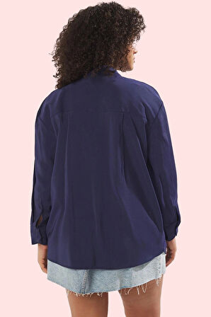 Kadın Büyük Beden Rahat Kalıp Uzun Kollu Çizgili Gömlek Günlük ve İş Hayatına Uygun Hafta Sonu