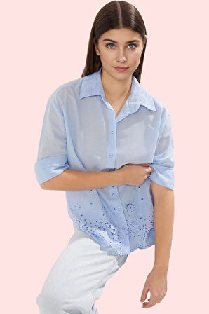 Kadın Uzun Kollu Brode Detaylı Gömlek; Pamuk Regular Kalıp Günlük ve İş Yaz Aylarının Vazgeçilmezi