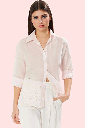 Kadın Uzun Kollu Brode Detaylı Gömlek; Pamuk Regular Kalıp Günlük ve İş Yaz Aylarının Vazgeçilmezi