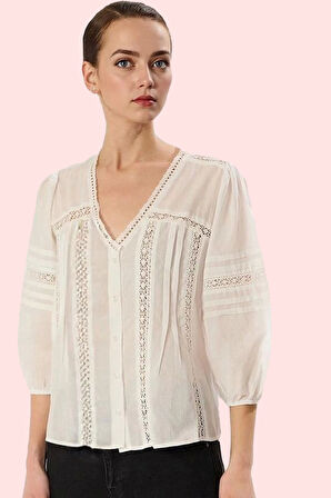 Kadın Regular Kalıp Flamlı Pamuk Dokuma Gömlek Dantel Detaylı Günlük Yaz Aylarının Vazgeçilmezi