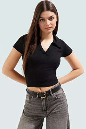 Crop Polo Yaka Bluz Rahat Şık Nefes Alan Viskoz Kumaş Konforlu Kesim Premium Kalite