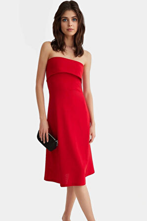 Yazlık Straplez Elbise Midi Boy A line Kesim Polyester Elastan Zarifane Tasarım