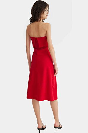 Yazlık Straplez Elbise Midi Boy A line Kesim Polyester Elastan Zarifane Tasarım