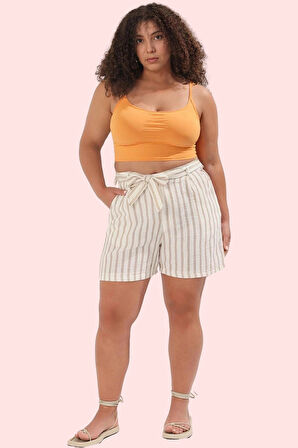 Kadın Yazlık Kısa Şort Büyük Beden Pamuk Dokuma Keten Görünümlü Geniş Paça Günlük Kullanım