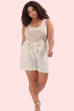 Kadın Yazlık Kısa Şort Büyük Beden Pamuk Dokuma Keten Görünümlü Geniş Paça Günlük Kullanım