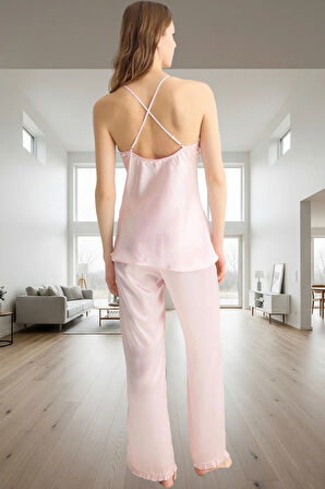 2'li Fırfırlı Saten Pijama Takımı Şık Ev Giyim Seti %100 Polyester Mükemmel Uyum