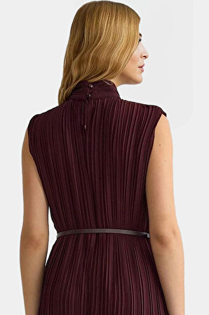 Polyester Şifon Midi Elbise Düz Kesim Piliseli Kemer Detayı Dayanıklı Malzeme Rahat Ve Şık