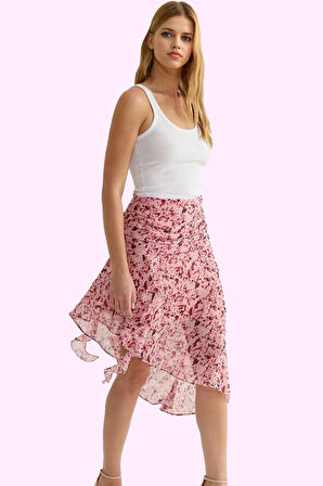 Kadın Yüksek Bel Çiçekli Dokuma Şifon Midi Etek Asimetrik Kesim Yaz Günlük Kullanım Hafta Sonu