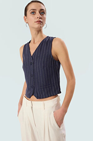 Modern Çizgili Crop Bluz V Yaka Polyester Yazlık Dayanıklı Malzeme Yüksek Kalite