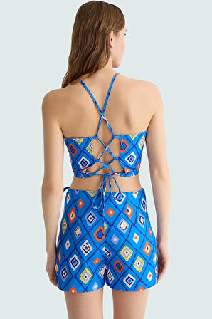 Halter Yaka Dokuma Bluz Mini Etek Takım Geometrik Desenli Yazlık Kombin Rahat Kullanım