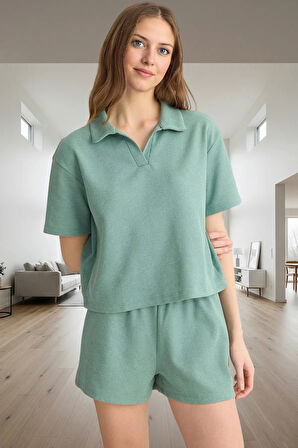 Aksesuarlı Pijama Takımı Pamuklu Waffle Kumaş Regular Fit Boru Paça Şort Yaz İçin İdeal