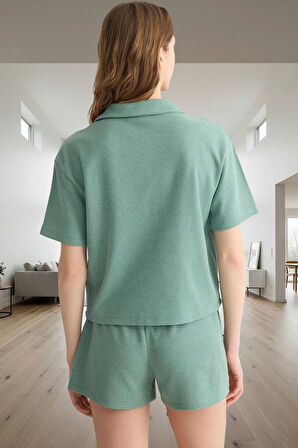 Aksesuarlı Pijama Takımı Pamuklu Waffle Kumaş Regular Fit Boru Paça Şort Yaz İçin İdeal