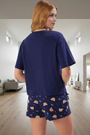 Rahat ve Şık Homewear %100 Pamuklu Ayıcıklı Pijama Takımı Kısa Kollu Regular Fit Mükemmel Uyum