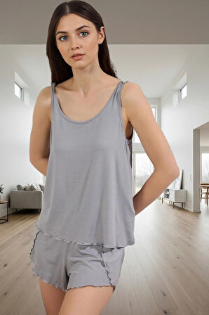 Viskon Örme Pijama Şortlu Fırfır Detaylı Rahat Kalıp Premium Kalite Dayanıklı Malzeme