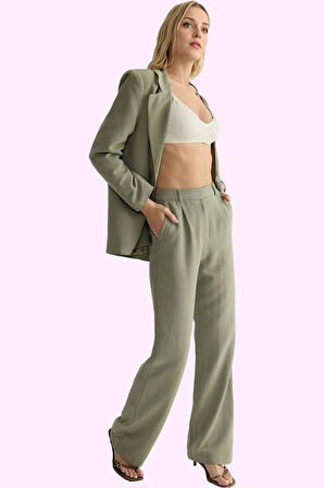 Kadın Yüksek Bel Geniş Paça Pantolon Keten Görünümlü Pamuk Yazlık Yaz Aylarının Vazgeçilmezi