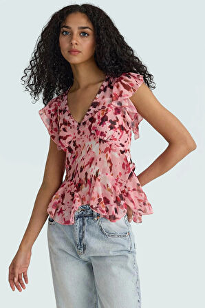 Yazlık Kolsuz Şifon Bluz V Yaka Çiçek Desenli Polyester Kumaş Premium Kalite Yüksek