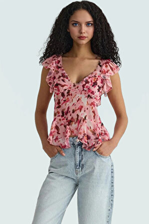 Yazlık Kolsuz Şifon Bluz V Yaka Çiçek Desenli Polyester Kumaş Premium Kalite Yüksek