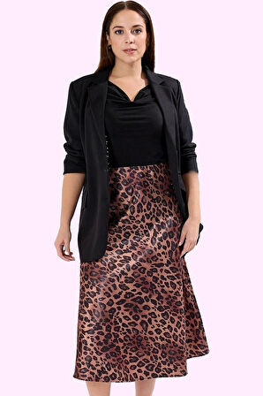 Kadın A Line Midi Etek Leopar Desenli Polyester Dokuma Kumaş Günlük Stil Dayanıklı Malzeme