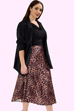 Kadın A Line Midi Etek Leopar Desenli Polyester Dokuma Kumaş Günlük Stil Dayanıklı Malzeme