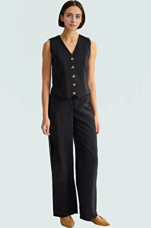 Şık Kadın Yelek Pantolon Takım Modal Kumaş V Yaka Geniş Paça Yüksek Bel Profesyonel Görünüm