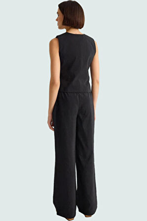 Şık Kadın Yelek Pantolon Takım Modal Kumaş V Yaka Geniş Paça Yüksek Bel Profesyonel Görünüm