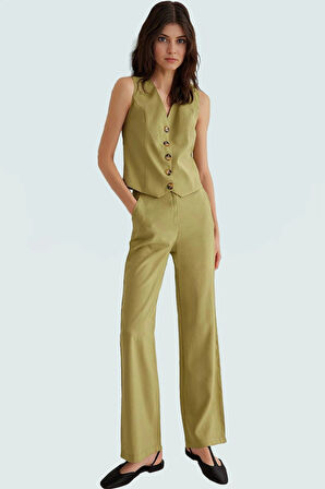 Şık Kadın Yelek Pantolon Takım Modal Kumaş V Yaka Geniş Paça Yüksek Bel Profesyonel Görünüm